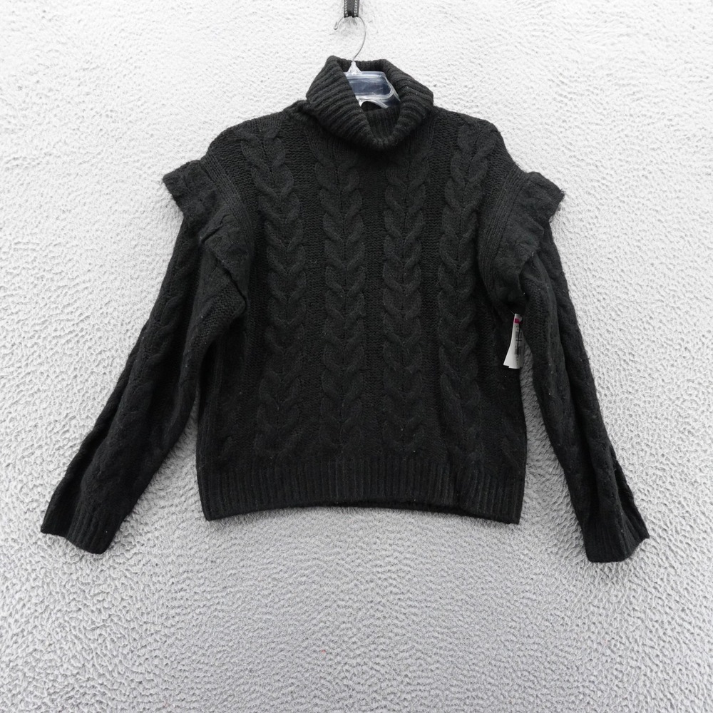 Joes Jeans Black Cable Knit Turtleneck Sweater Ruffle Trim Womens Small NEW